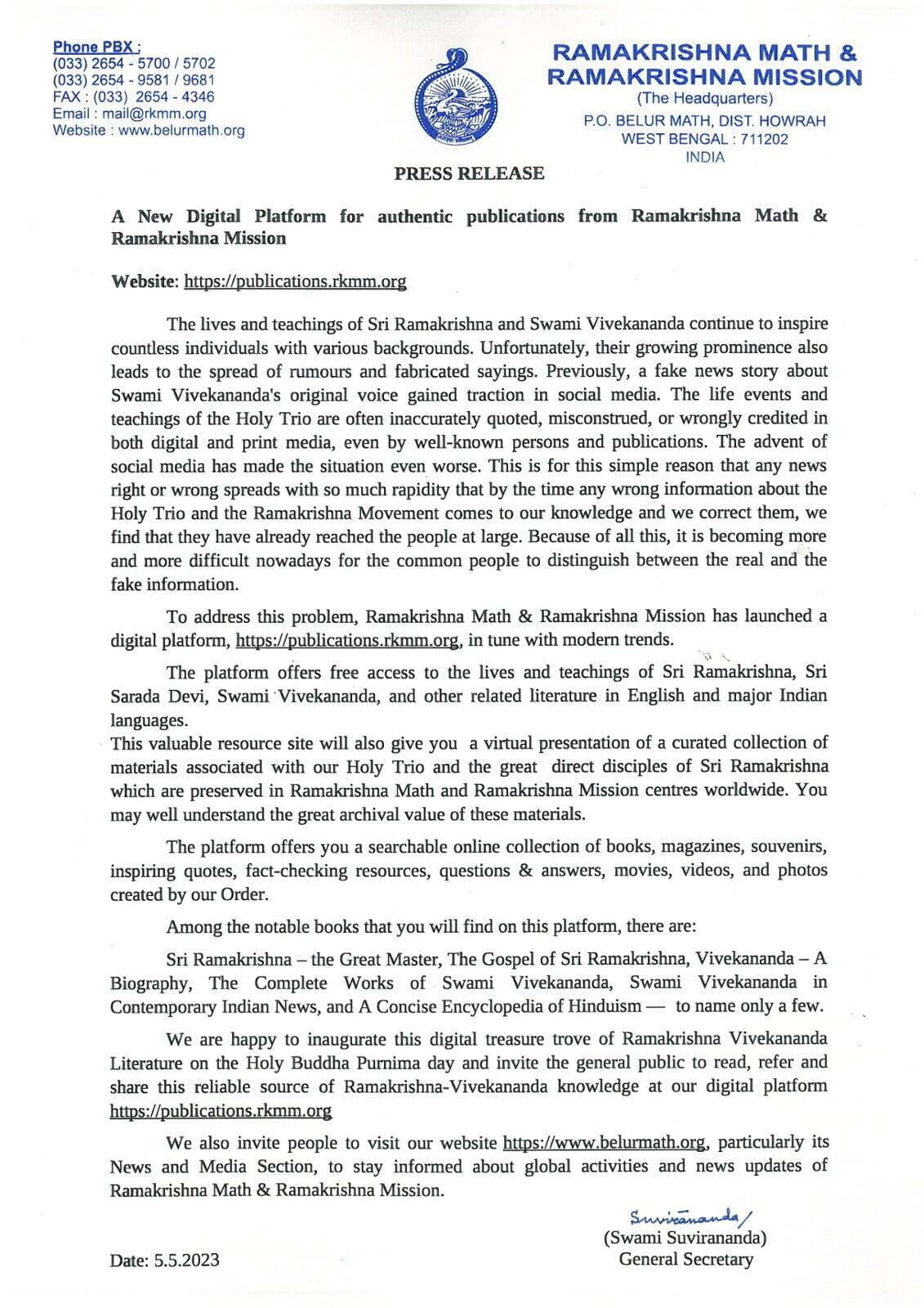 Belur Math Press Release - 05 May 2023